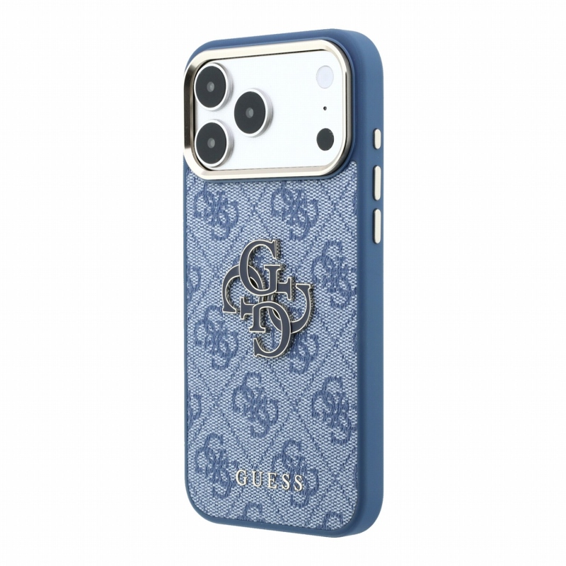 Guess PU 4G zadný kryt s kovovým logom z živice pre iPhone 18 Pro, modrý