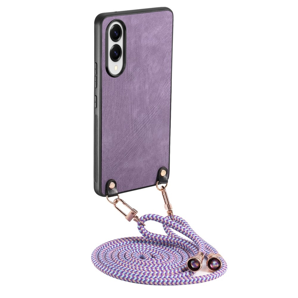 Retro gélový obal so šnúrkou as umelou kožou na Samsung Galaxy S25 Edge - fialový