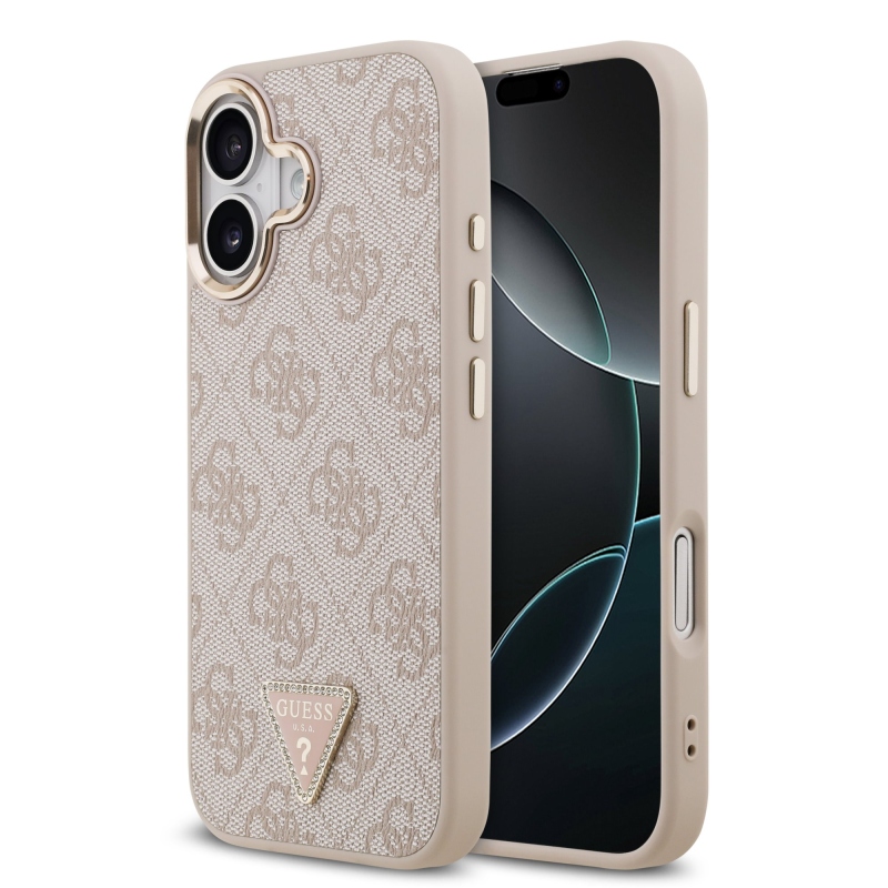 Guess PU kožený 4G štrasové trojuholníkové logo Gold Frame MagSafe zadný kryt pre iPhone 17 Pink