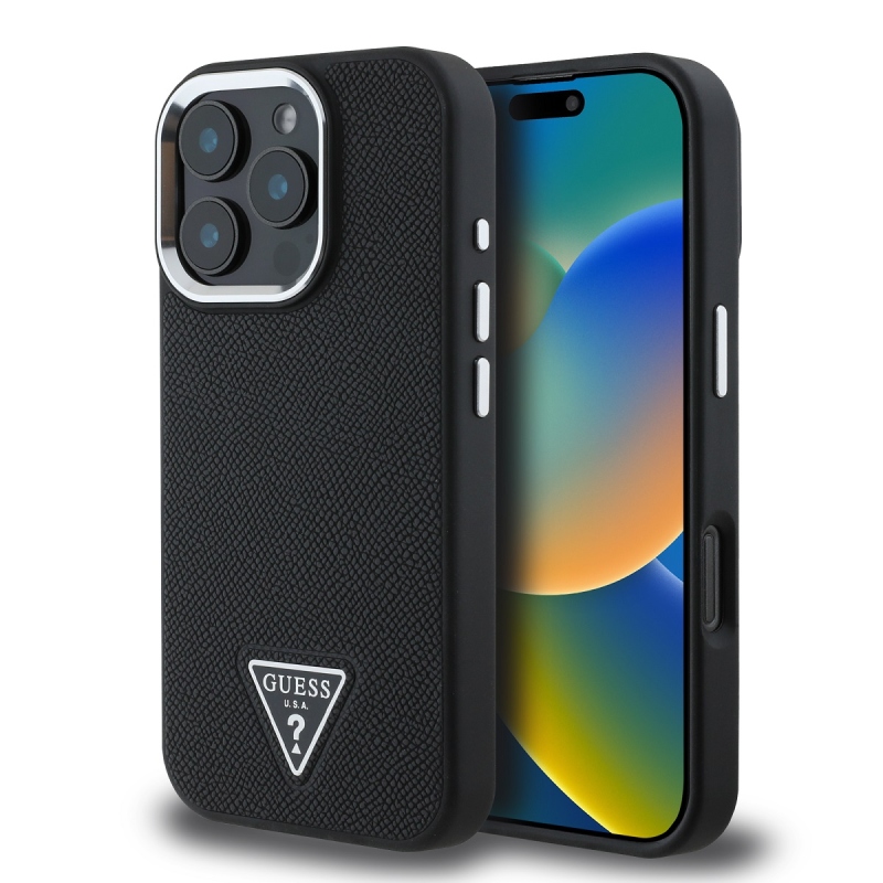 Guess PU Grained Triangle Logo Zadný Kryt pre iPhone 16 Pro Max Black