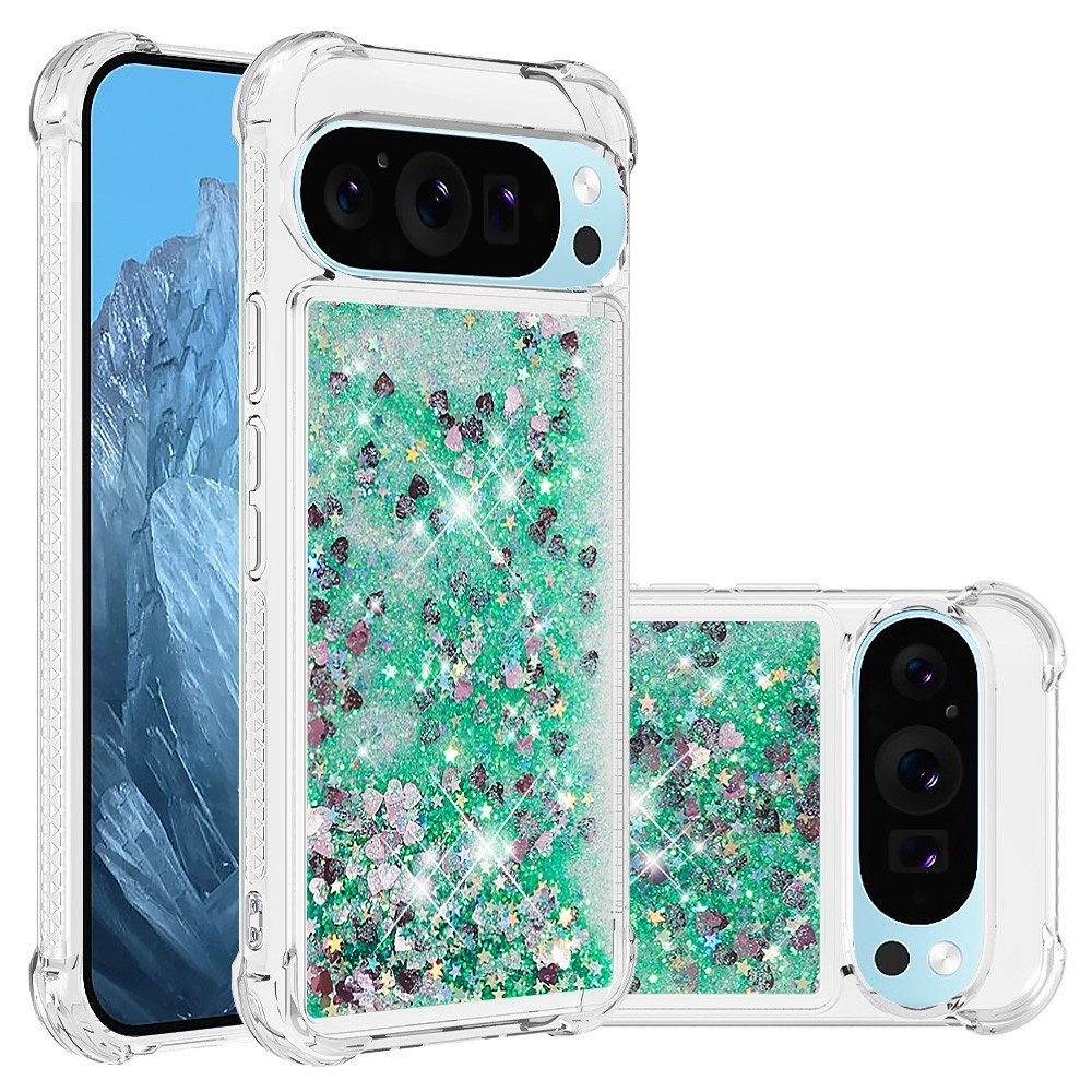 Glitter presýpací gélový obal na Google Pixel 10 Pro/Pixel 10 - zelený/srdiečka