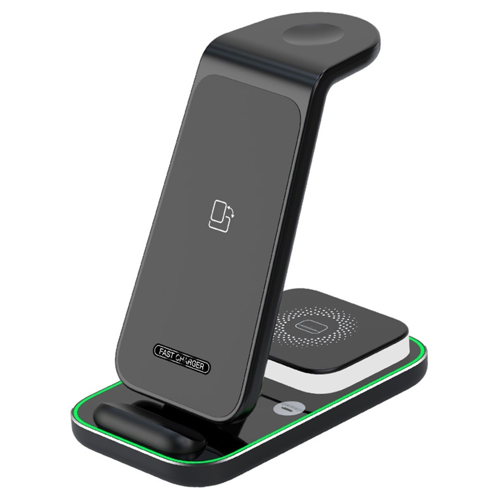 YF-A6 bezdrôtová nabíjacia stanica 3v1 15W s nočným svetlom - čierna