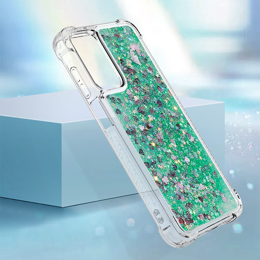 Glitter presýpacie gélový obal na Samsung Galaxy A17 5G - zelený/srdiečka