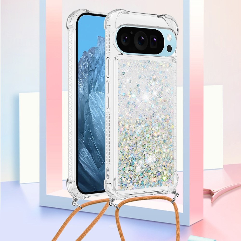 Glitters presýpací gélový obal so šnúrkou na Google Pixel 10 Pro/Pixel 10 - strieborný/srdiečka