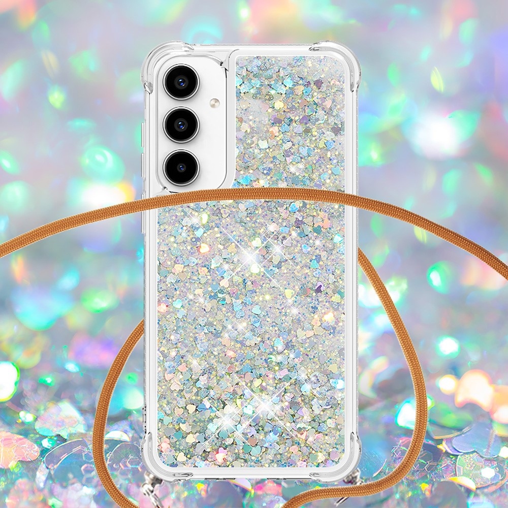 Glitters presýpacie gélový obal so šnúrkou na Samsung Galaxy A36 5G - strieborný/srdiečka