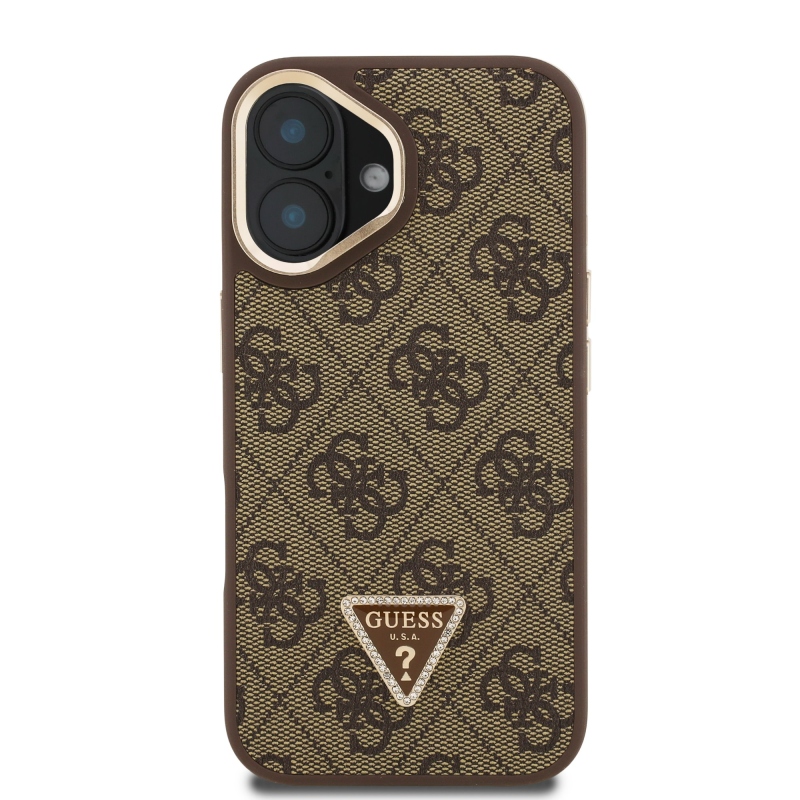 Guess PU 4G Strass Triangle Logo Stand Camera Frame MagSafe Zadný Kryt pre iPhone 16 Brown