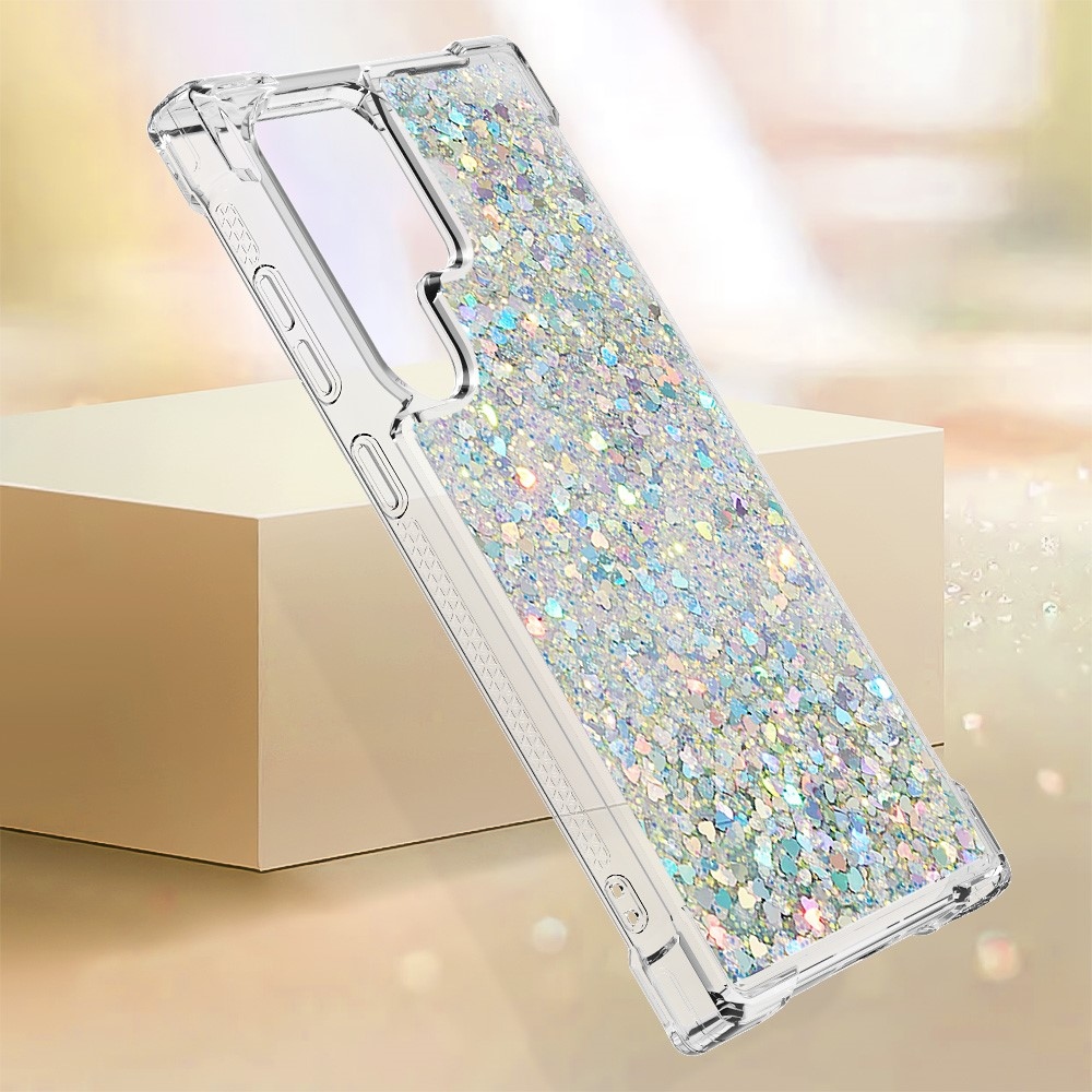 Glitter presýpacie gélový obal na Samsung Galaxy S24 Ultra - strieborný/srdiečka