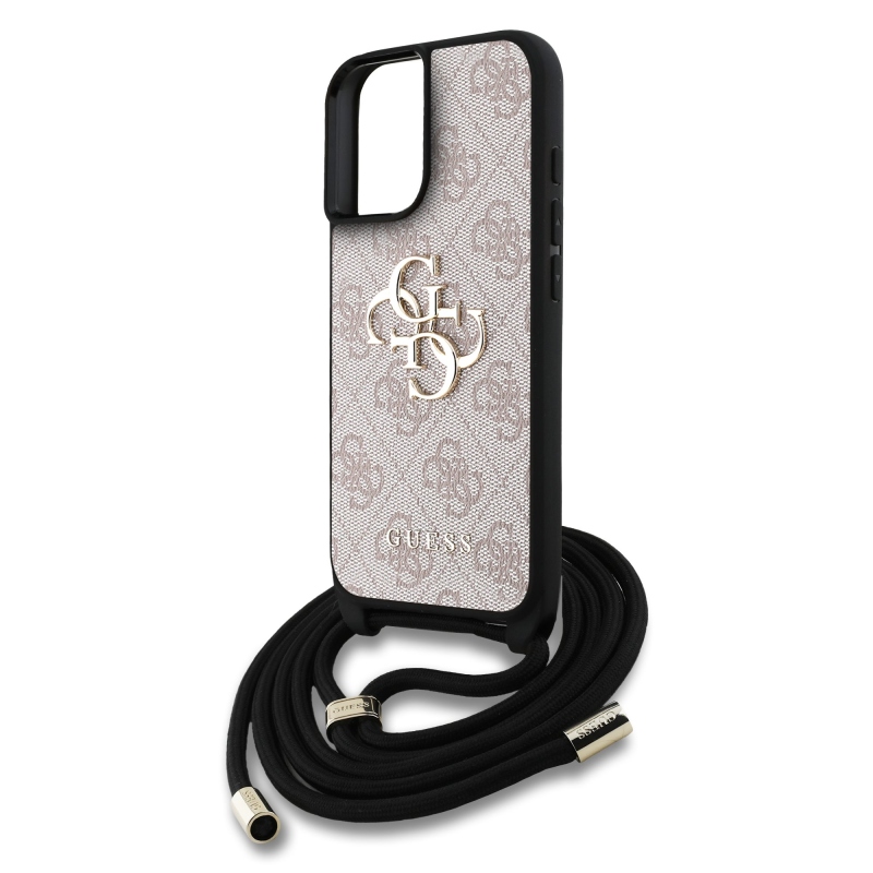 Guess PU 4G Metal Logo Crossbody Popruh Zadný Kryt pre iPhone 16 Pink