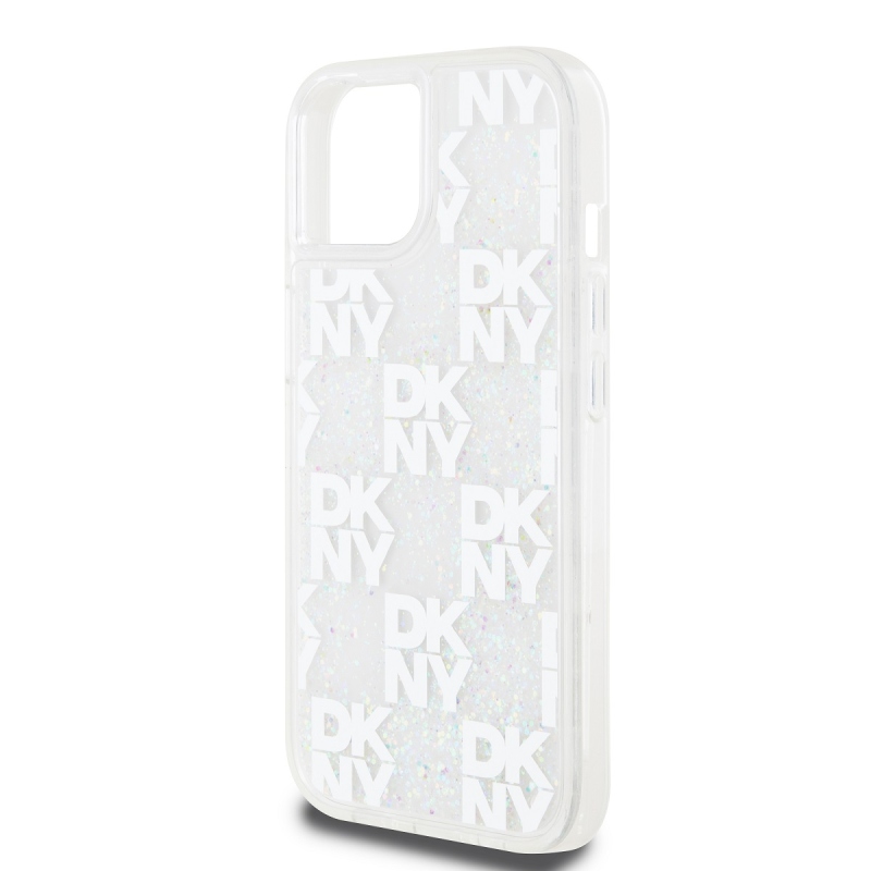 DKNY Liquid Glitter Checkered Pattern Zadný Kryt pre iPhone 15 Transparent