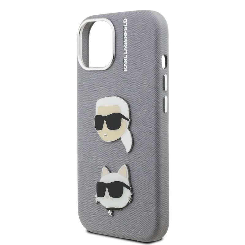 Karl Lagerfeld Grained PU K&CH Heads Zadný Kryt pre iPhone 15 Grey