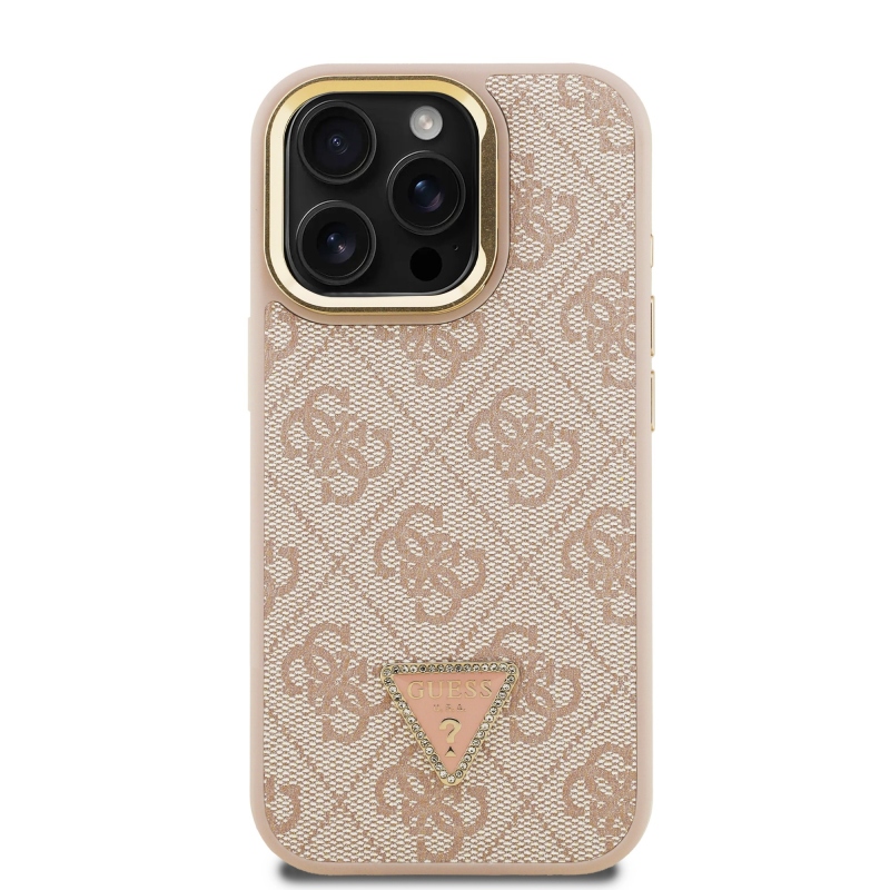 Guess PU 4G Strass Triangle Logo Stand Camera Frame MagSafe Zadný Kryt pre iPhone 15 Pro Max Pink