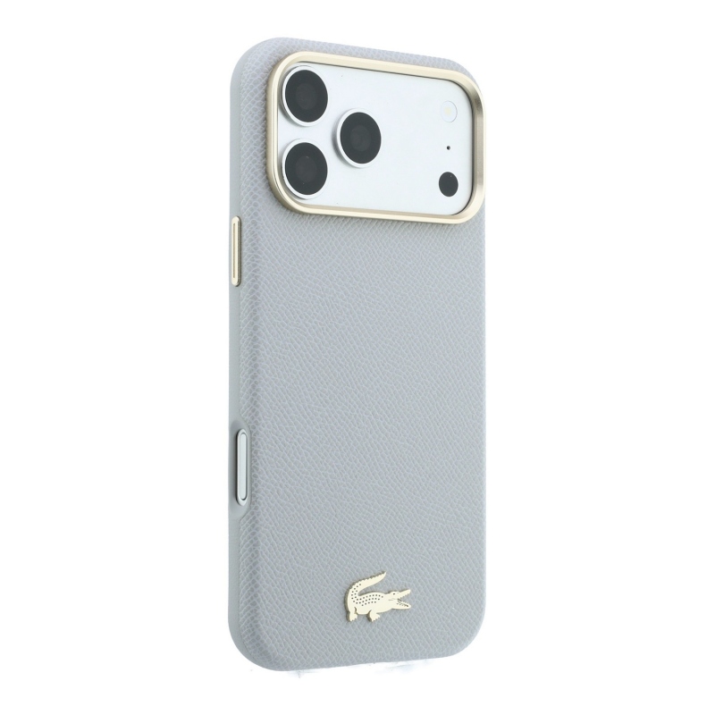Lacoste PU kožený kryt Champs-Élysées so zlatým logom a MagSafe pre iPhone 18 Pro Max, svetlošedý