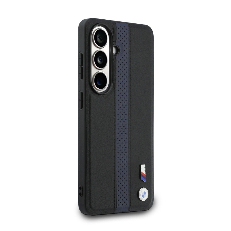 BMW M PU kožený perforovaný zadný kryt s pruhmi a kovovým logom pre Samsung Galaxy S26 Blue
