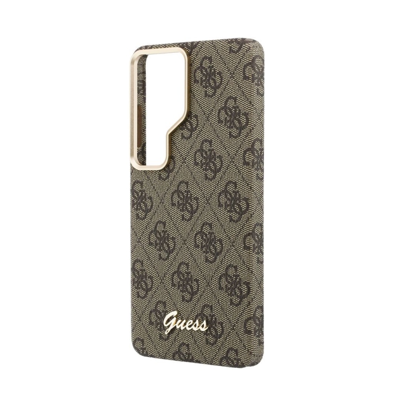 Guess PU 4G Script Metal Logo Magnetický zadný kryt pre Samsung Galaxy S26 Ultra Brown