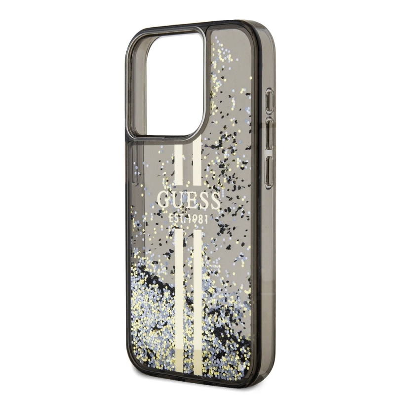 Guess PC/TPU Liquid Glitter Gold Stripe Zadný Kryt pre iPhone 15 Pro Black