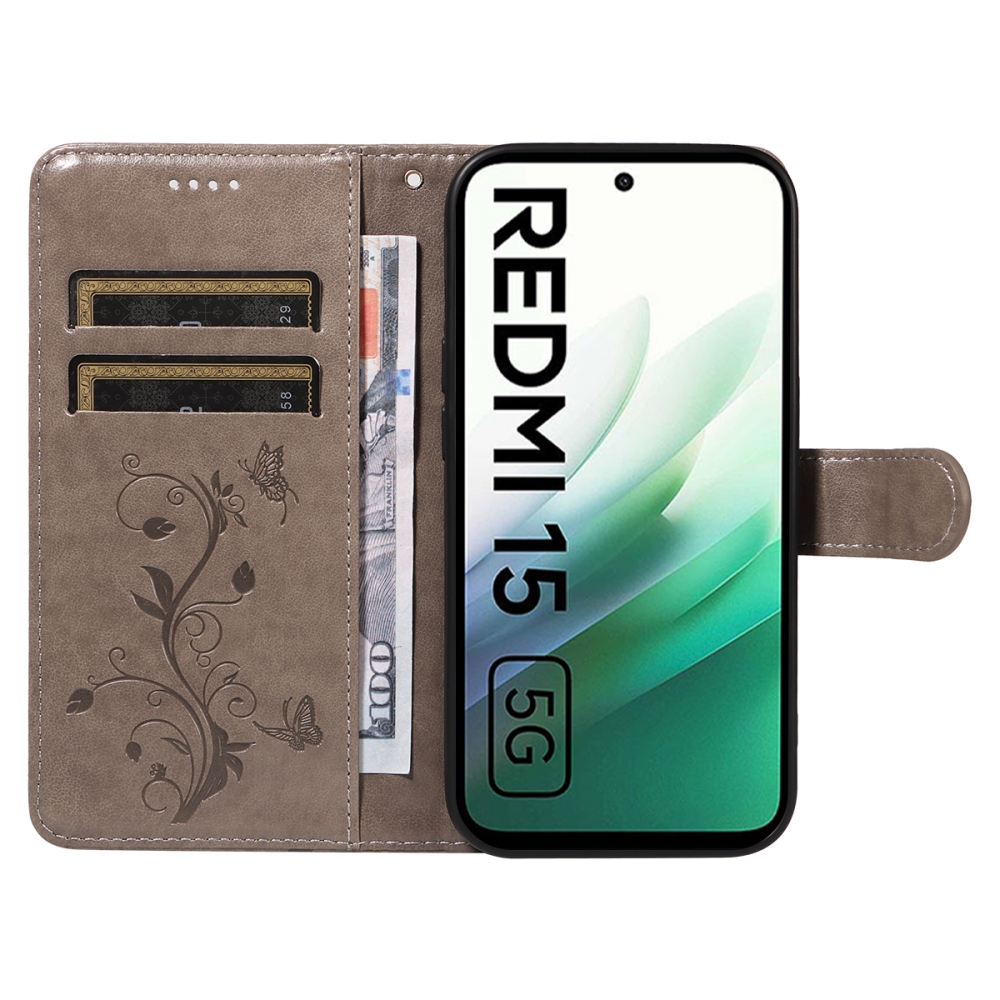 Flowery knižkové púzdro na Xiaomi Redmi 15 4G (171mm) - šedé