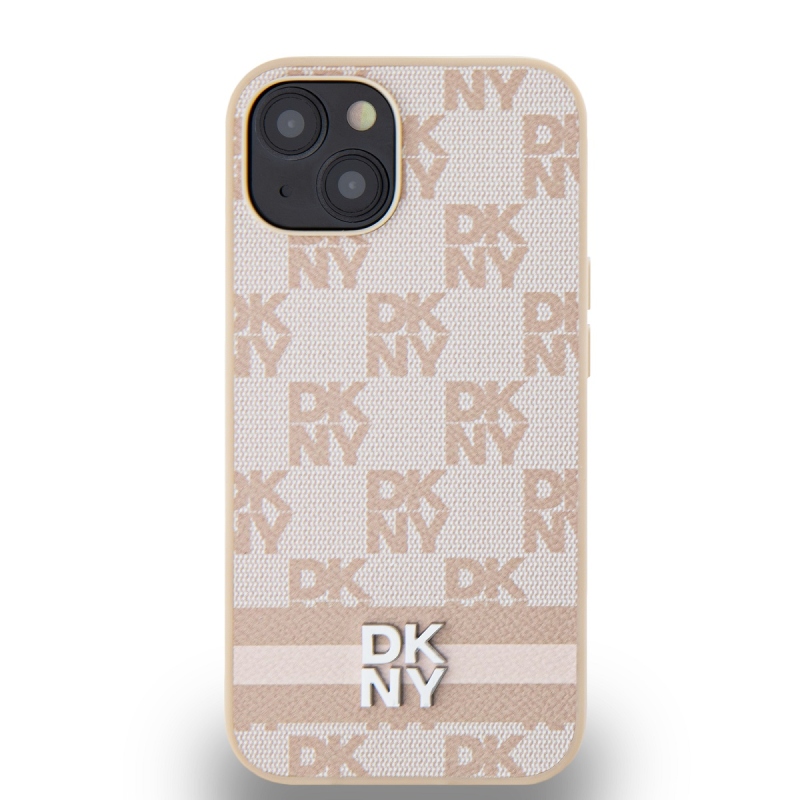 DKNY PU Leather Checkered Pattern and Stripe Zadný Kryt pre iPhone 15 Pink