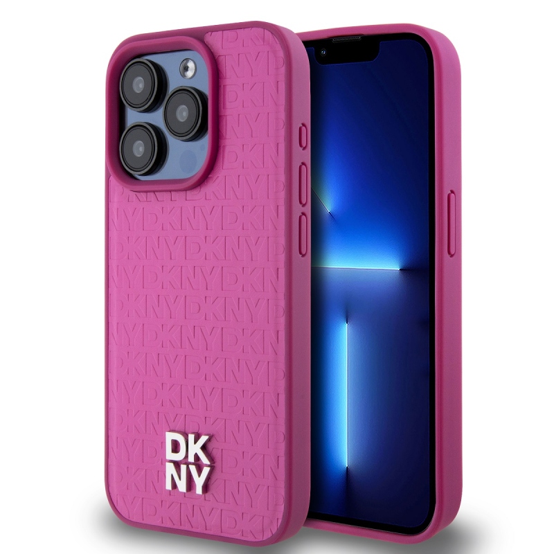 DKNY PU Leather Repeat Pattern Stack Logo Magsafe Zadný Kryt pre iPhone 15 Pro Pink