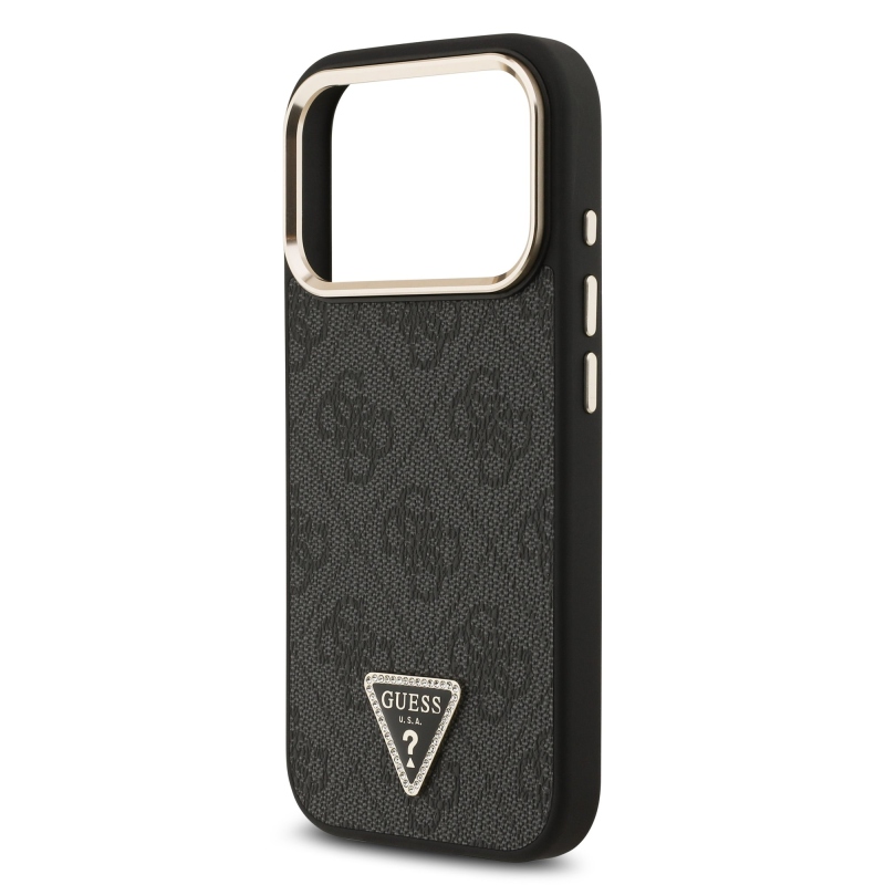 Guess PU kožený 4G štrasové trojuholníkové logo Gold Frame MagSafe zadný kryt pre iPhone 17 Pro Black
