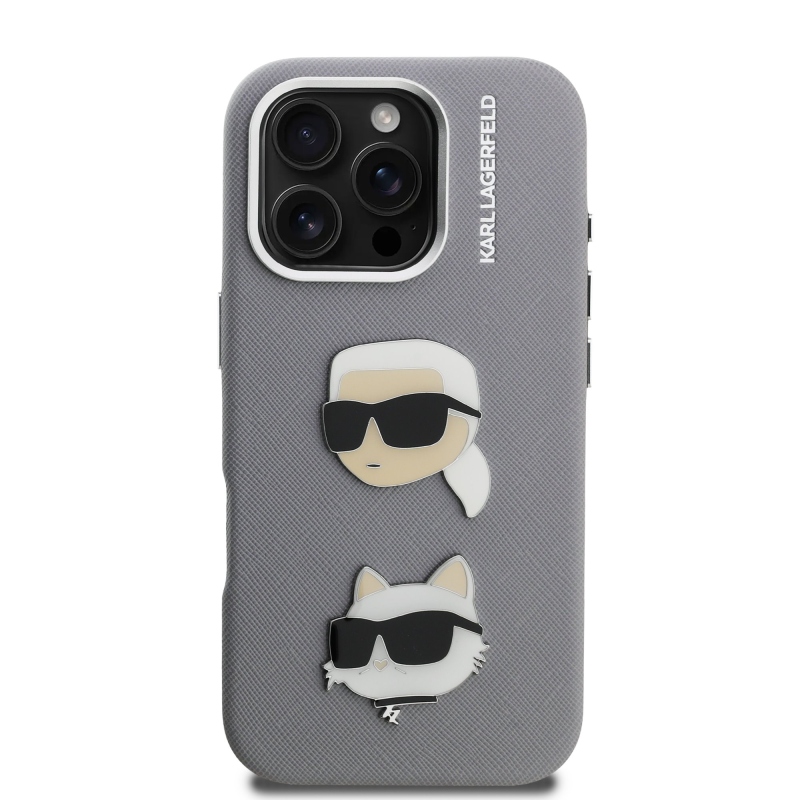 Karl Lagerfeld Grained PU K&CH Heads Zadný Kryt pre iPhone 16 Pro Grey