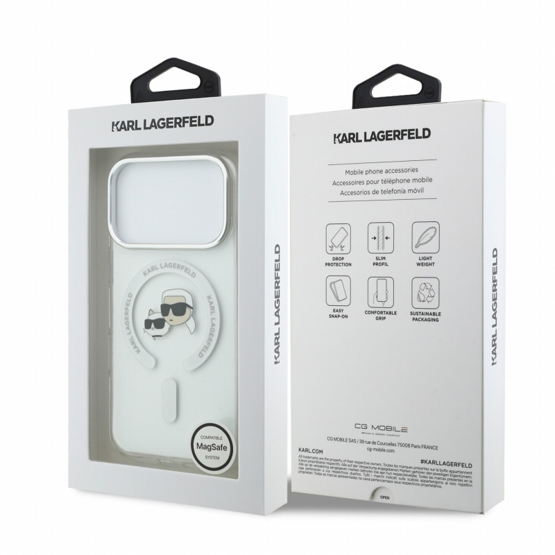 Karl Lagerfeld IML K&CH Heads kovový rám MagSafe zadný kryt pre iPhone 18 Pro, biely