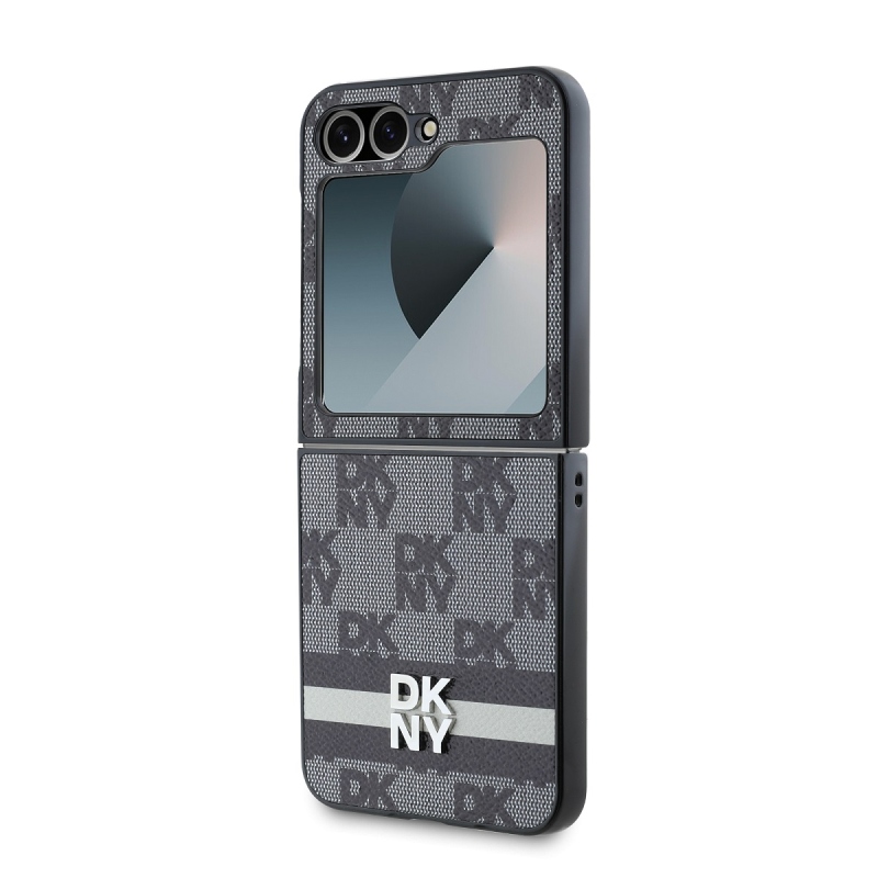 DKNY PU Leather Checkered Pattern and Stripe Zadný Kryt pre Samsung Galaxy Z Flip 6 Black