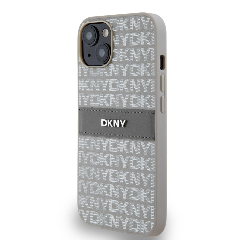 DKNY PU Leather Repeat Pattern Tonal Stripe Zadný Kryt pre iPhone 14 Beige