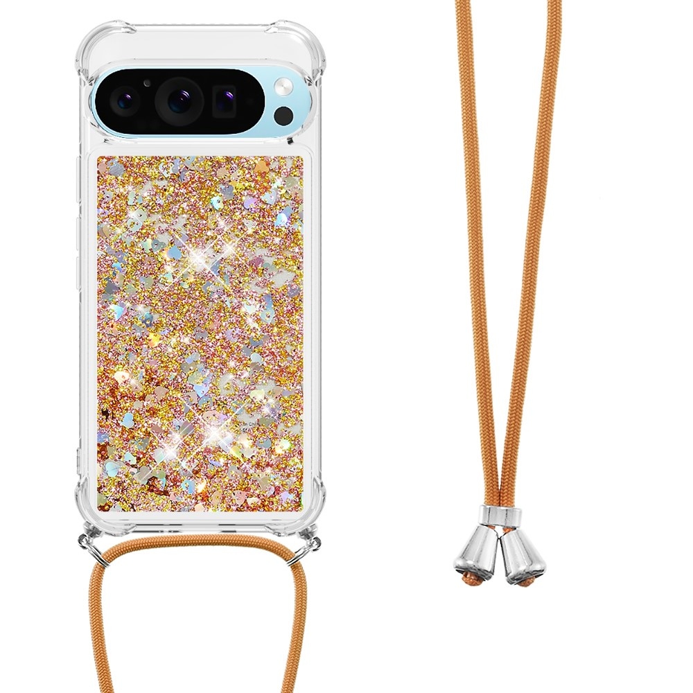 Glitters presýpací gélový obal so šnúrkou na Google Pixel 10 Pro/Pixel 10 - zlatý/srdiečka