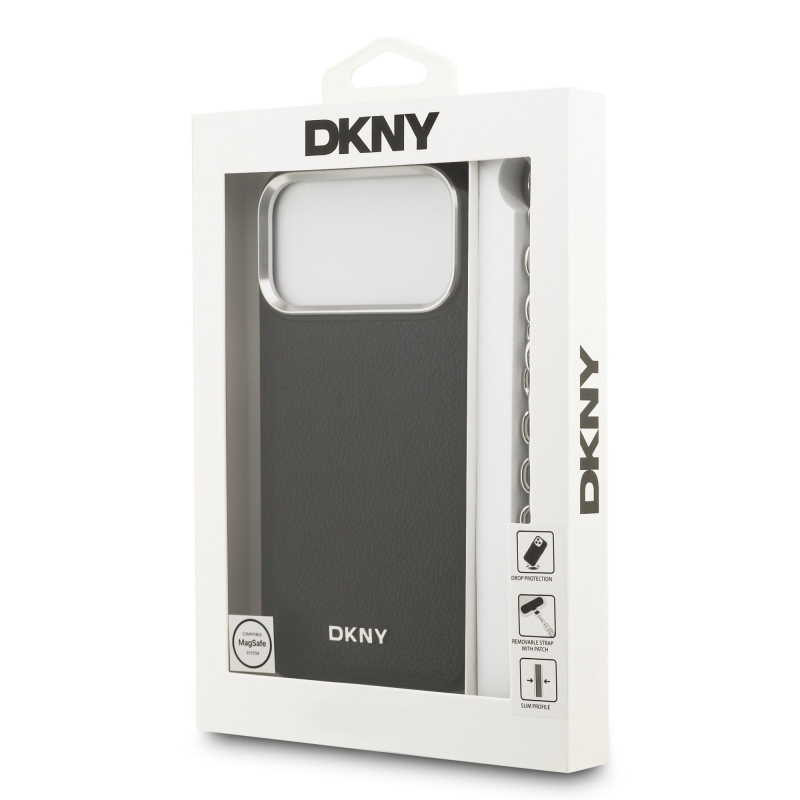 DKNY PU kožený kovový kryt s logom na zápästie MagSafe Back Cover pre iPhone 17 Pro Max Black