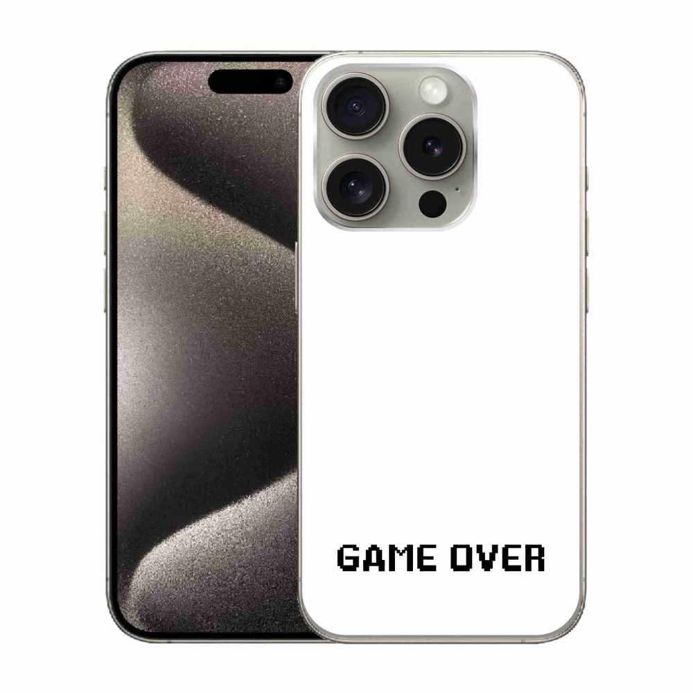 Gélový kryt mmCase na iPhone 15 Pro - game over biele pozadie