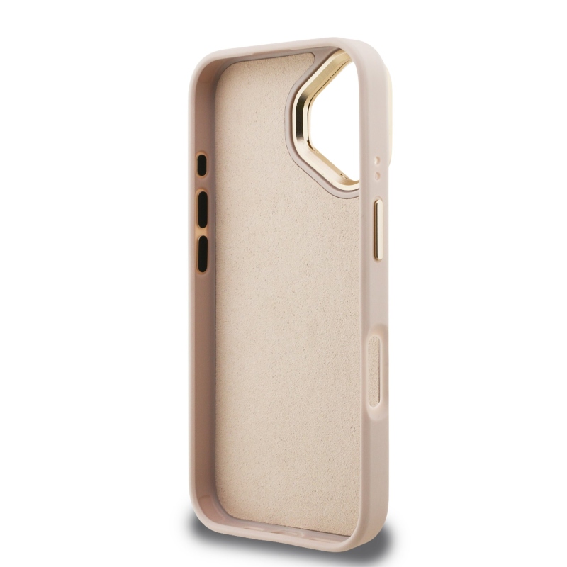 Guess PU 4G Metal Logo Stand Camera Frame Zadný Kryt pre iPhone 16 Pink