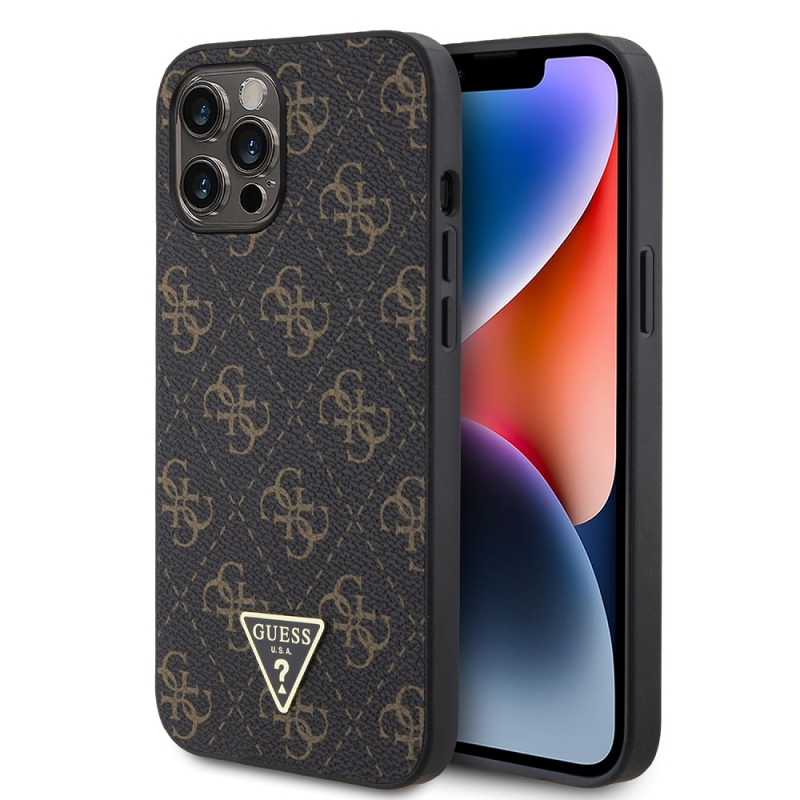 Guess PU Leather 4G Triangle Metal Logo Zadný Kryt pre iPhone 12 Pro Max Black