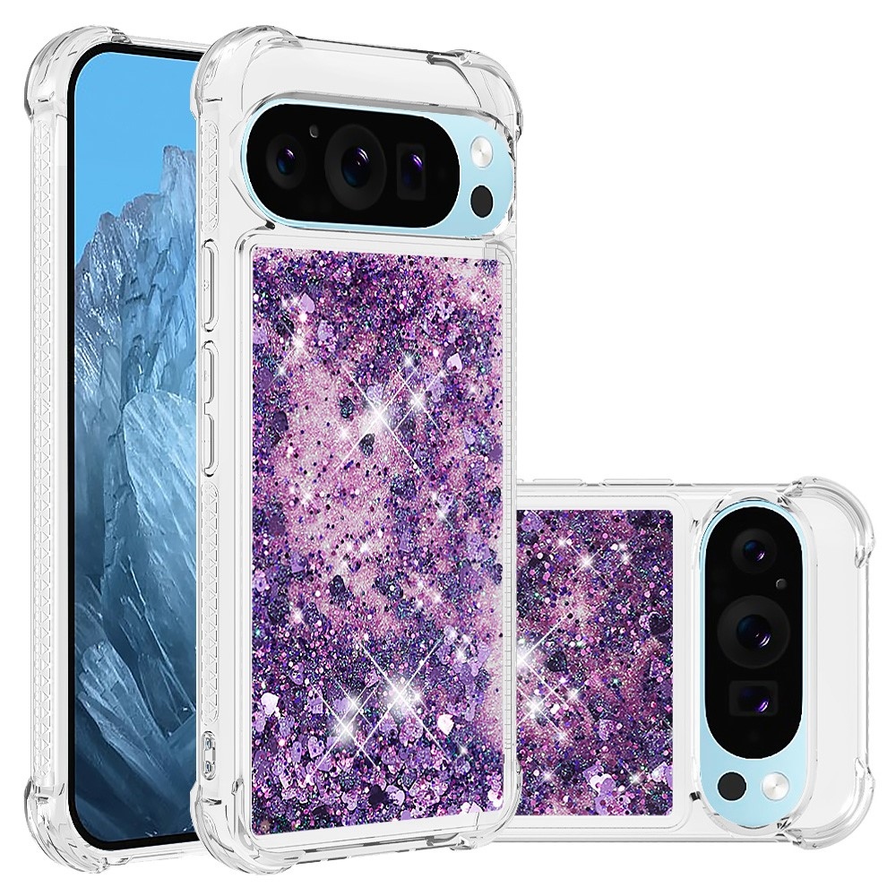 Glitter presýpací gélový obal na Google Pixel 10 Pro/Pixel 10 - tmavofialový/srdiečka