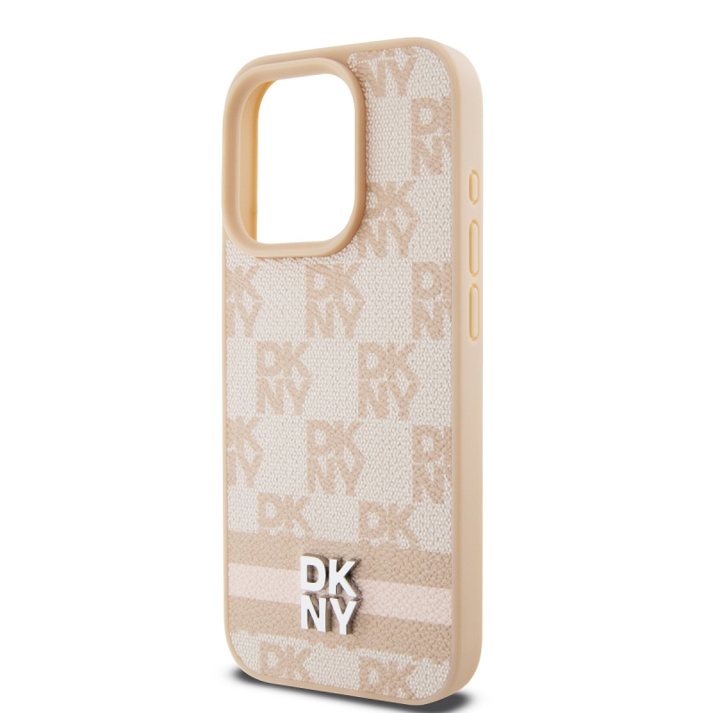 DKNY PU Leather Checkered Pattern and Stripe Zadný Kryt pre iPhone 15 Pro Pink