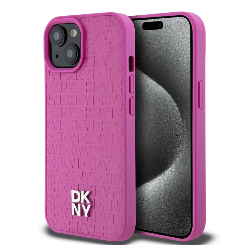 DKNY PU Leather Repeat Pattern Stack Logo Magsafe Zadný Kryt pre iPhone 15 Pink