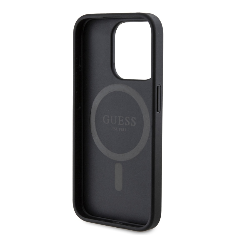 Guess PU Leather 4G Colored Ring MagSafe Zadný Kryt pre iPhone 15 Pro Black