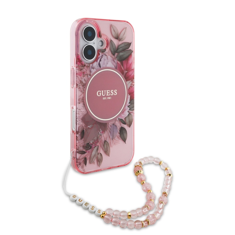 Guess IML Flowers Strap MagSafe zadný kryt pre iPhone 16 Plus Pink