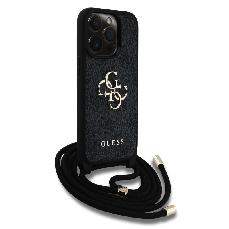 Guess PU 4G Kovové logo Crossbody Strap Zadný kryt pre iPhone 15 Pro Black