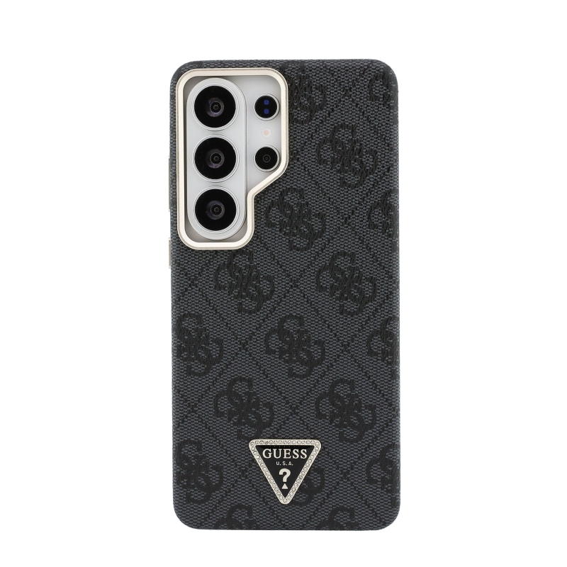 Guess PU kožený 4G Strass Triangle Triangle Logo Gold Frame Magnetický zadný kryt pre Samsung Galaxy S26 Ultra Black