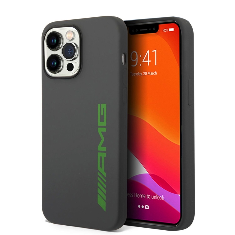 AMG Liquid Silicone Green Logo Zadný Kryt pre iPhone 14 Pro Max Grey