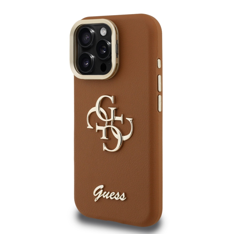 Guess PU Grained 4G Logo Stand Camera Frame Zadný Kryt pre iPhone 16 Pro Max Brown