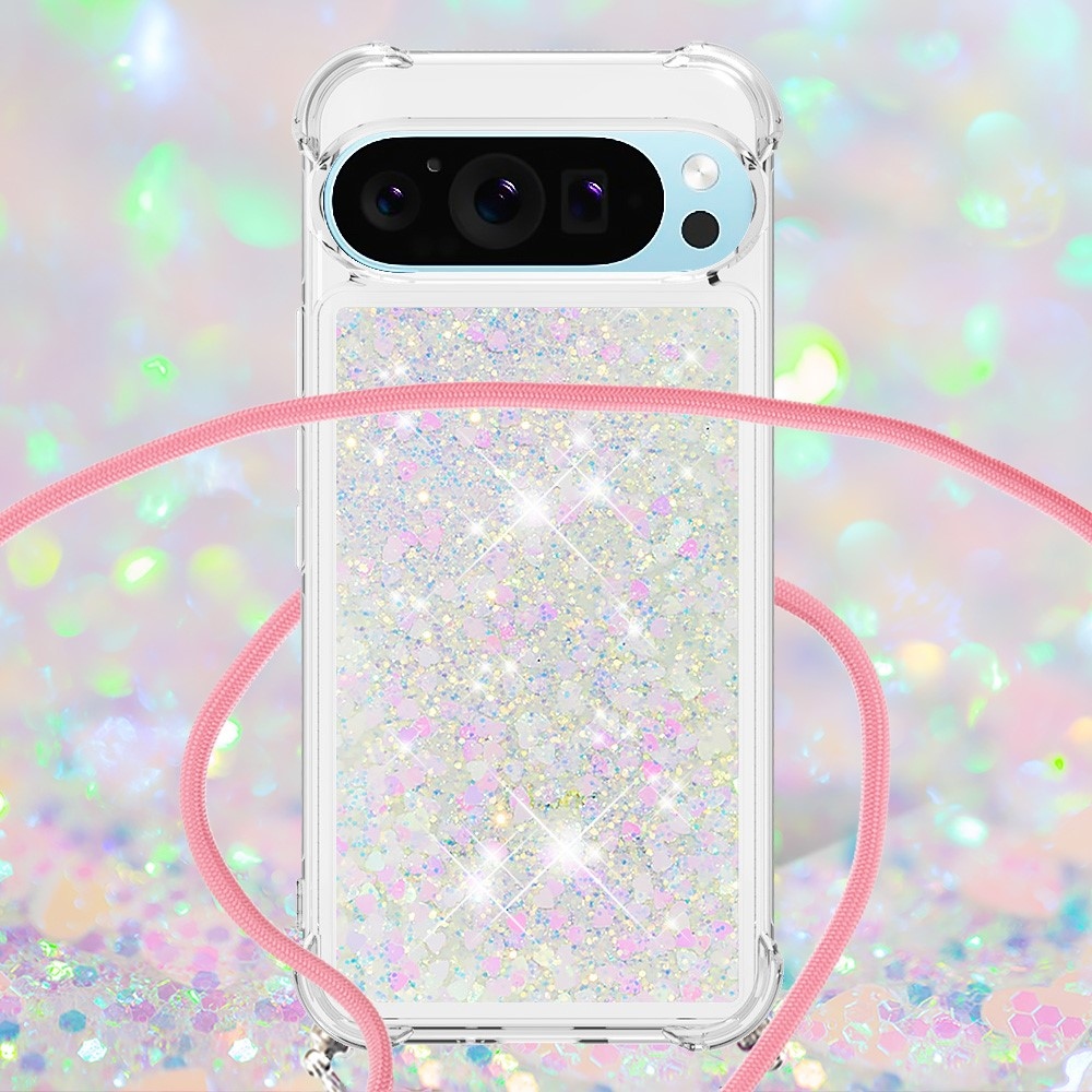 Glitters presýpací gélový obal so šnúrkou na Google Pixel 10 Pro/Pixel 10 - ružovostrieborný/srdiečka