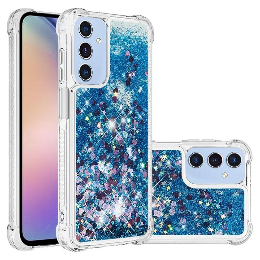 Glitter gélový presýpací obal na Samsung Galaxy A16 4G/5G - modrý/srdiečka