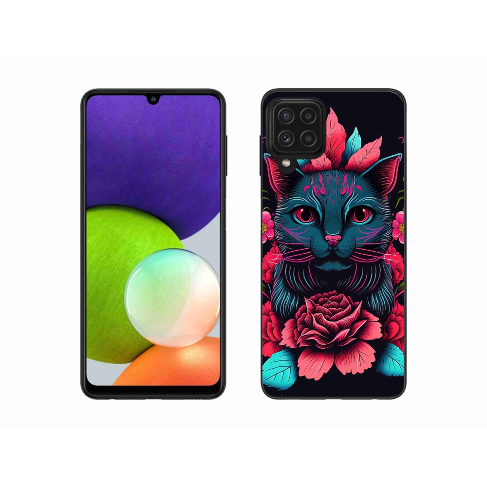 Gélový kryt mmCase na Samsung Galaxy A22 4G - kvety a mačka