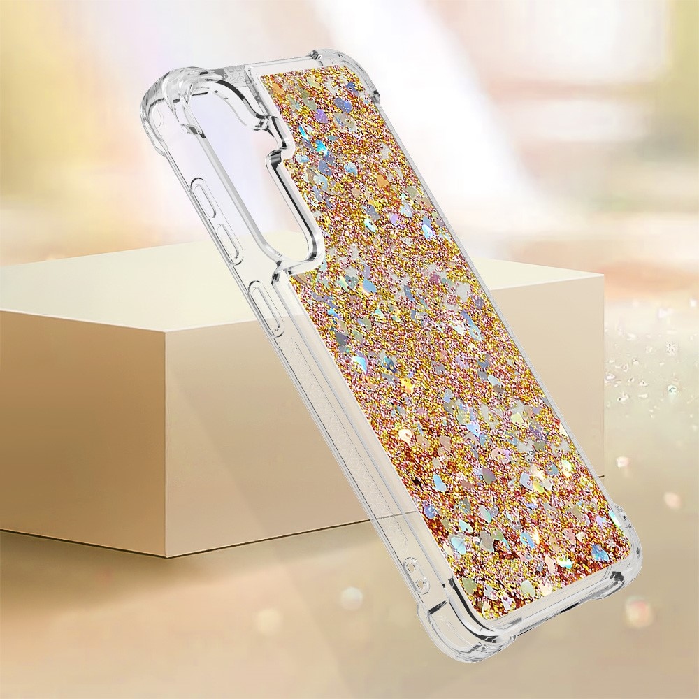 Glitter presýpací gélový obal na mobil Samsung Galaxy S24+ - zlatý/srdiečka