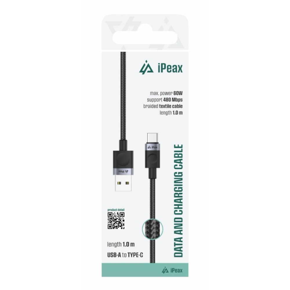 iPEAX textilný kábel USB-A/USB-C 1M, USB 2.0 - čierny