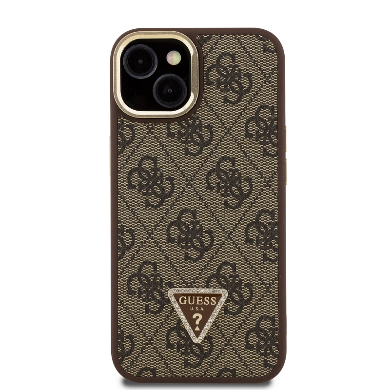 Guess PU 4G Strass Triangle Logo Stand Camera Frame MagSafe Zadný Kryt pre iPhone 14 Brown