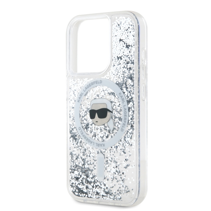 Karl Lagerfeld Liquid Glitter Karl Head MagSafe Zadný Kryt pre iPhone 15 Pro Max Transparent