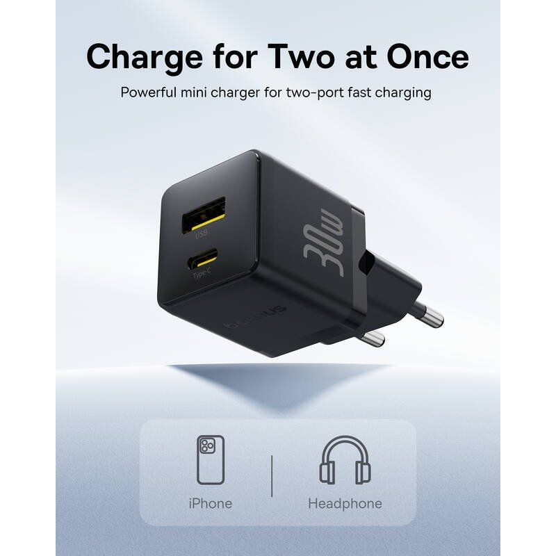 Rýchla nabíjačka Baseus Palm USB-A + USB-C 30 W čierna