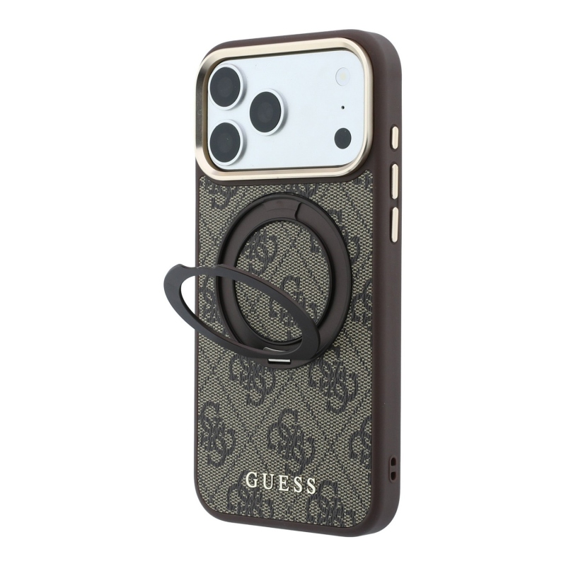 Guess PU 4G Ring Stand MagSafe zadný kryt pre iPhone 18 Pro, hnedý